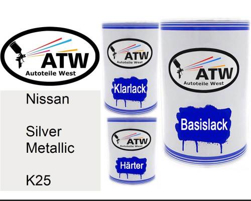 Nissan, Silver Metallic, K25: 500ml Lackdose + 500ml Klarlack + 250ml Härter - Set, von ATW Autoteile West.